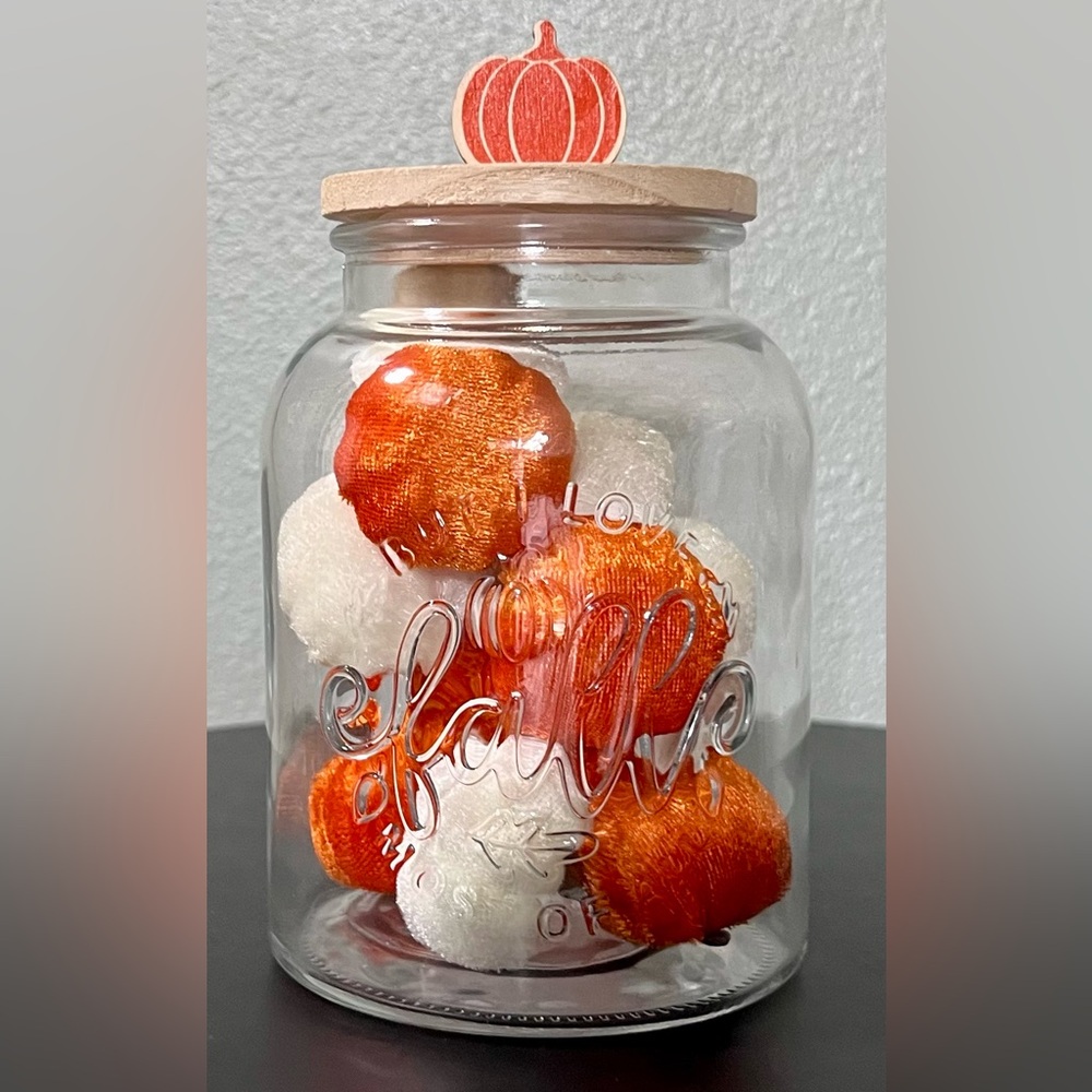 NEW Fall Autumn Decor Glass Jar with Orange and White Felt Pumpkins 1.2L Holiday